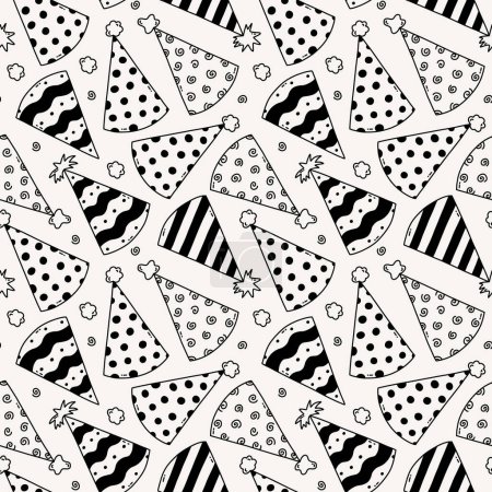 Illustration for Cute seamless pattern with birthday party hats in doodle outline style. Childish design with holiday caps for wrapping paper, prints, background, fabric, scrapbook. Holiday digital paper for kids. - Royalty Free Image