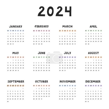 Niedliche minimale Kalendervorlage für 2024 Jahr mit Wochen beginnt am Montag. Kalenderraster mit flippiger Schrift für Kinderzimmer, Büro, Schreibwaren. Vertikales Monatskalender-Layout für die Planung