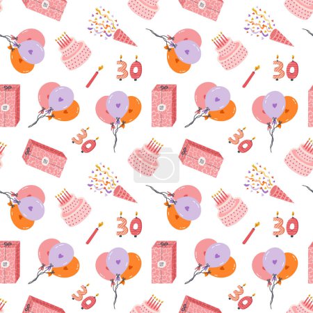 Illustration for Seamless pattern with birthday cake, gift box, balloon, confetti, number candle in cute doodle style. Romantic design with holiday clipart for wrapping paper, print, fabric. Bright festive background - Royalty Free Image