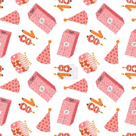 Illustration for Seamless pattern with birthday cake, number candle, gift box, party hat in cute doodle style. Design with holiday clipart for wrapping paper, print, fabric, scrapbook. Bright festive background. - Royalty Free Image