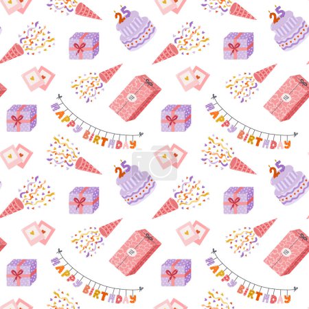 Illustration for Seamless pattern with birthday bunting, cake, confetti, gift box in cute doodle style. Childish design with holiday clipart for wrapping paper, print, fabric, scrapbook. Bright festive background. - Royalty Free Image