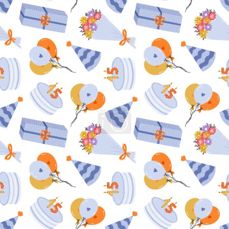 Illustration for Seamless pattern with birthday cake, bouquet of flower, party hat, balloon in cute doodle style. Design with holiday clipart for wrapping paper, print, fabric, scrapbook. Bright festive background. - Royalty Free Image
