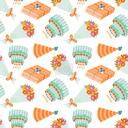 Illustration for Seamless pattern with birthday cake, gift box, party hat, bouquet of flower in cute doodle style. Childish design with holiday clipart for wrapping paper, print, fabric. Bright festive background. - Royalty Free Image