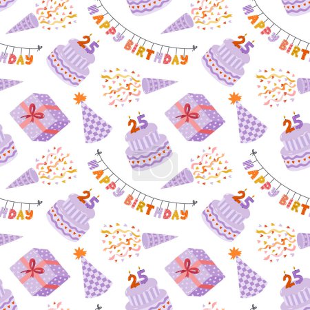 Illustration for Seamless pattern with birthday bunting, cake, gift box, confetti, party hat in cute doodle style. Childish design with holiday clipart for wrapping paper, print, scrapbook. Bright festive background. - Royalty Free Image