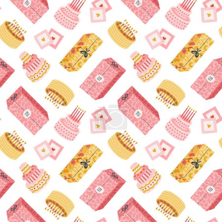 Illustration for Seamless pattern with birthday cake with candles, gift box, retro photo in cute doodle style. Childish design with holiday clipart for wrapping paper, print, fabric. Bright festive background. - Royalty Free Image