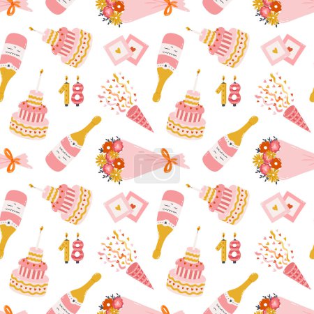 Illustration for Seamless pattern with birthday cake, bouquet of flower, confetti, champagne bottle, retro photo. Romantic design with holiday doodle for wrapping paper, fabric, scrapbook. Pink festive background. - Royalty Free Image