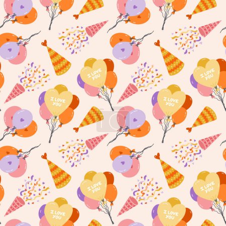Illustration for Seamless pattern with birthday party hat, balloon, confetti in cute doodle style. Childish design with holiday clipart for wrapping paper, print, fabric, scrapbook. Bright festive background for kids - Royalty Free Image
