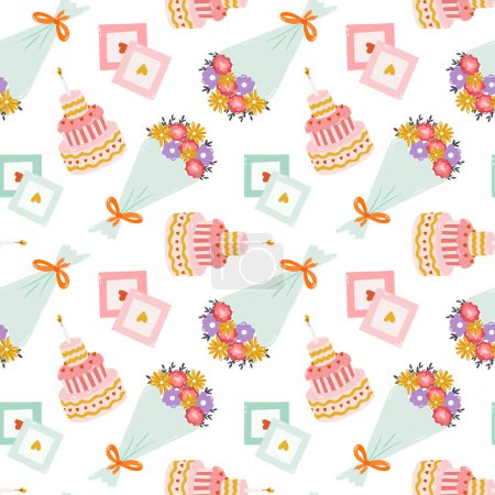 Illustration for Seamless pattern with birthday cake, bouquet of flower, retro photo in cute doodle style. Childish design for wrapping paper, prints, festive fabric, scrapbook. Bright holiday background. - Royalty Free Image