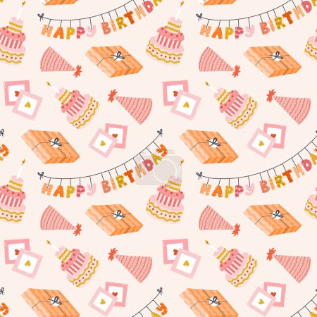 Illustration for Seamless pattern with birthday garland, cake, party hat, retro photo in cute doodle style. Childish design with holiday clipart for wrapping paper, print, fabric, scrapbook. Bright festive background - Royalty Free Image