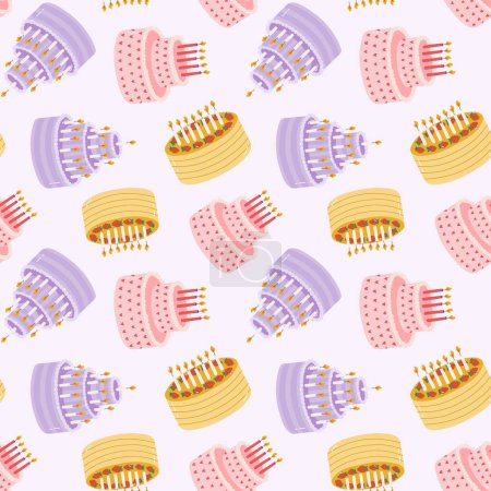Illustration for Seamless pattern with birthday cake with candles in cute doodle style. Childish design with holiday clipart for wrapping paper, print, fabric, scrapbook. Bright festive background for kids. - Royalty Free Image