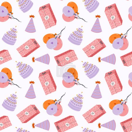 Illustration for Seamless pattern with birthday party hat, cake, gift box in cute doodle style. Childish design with holiday clipart for wrapping paper, print, fabric, scrapbook. Bright festive background for kids. - Royalty Free Image