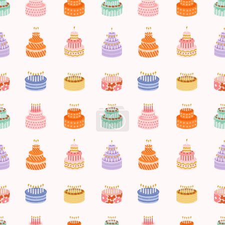 Illustration for Seamless pattern with birthday cake with candles in cute doodle style. Childish design with holiday clipart for wrapping paper, print, fabric, scrapbook. Bright festive background for kids. - Royalty Free Image
