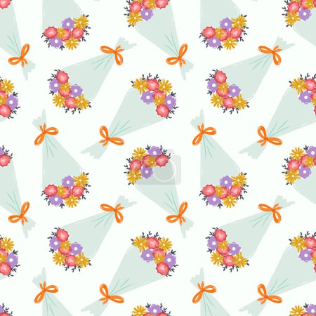 Illustration for Seamless pattern with birthday bouquet of flower with ribbon in cute doodle style. Romantic design with holiday clipart for wrapping paper, print, fabric, scrapbook. Bright festive background - Royalty Free Image
