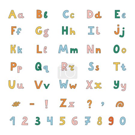 Big cute bold alphabet with uppercase and lowercase letters, punctuation marks, number set. Funky font. Funny latin ABC for book cover, headline, greeting card. Typography for retro design and logo.