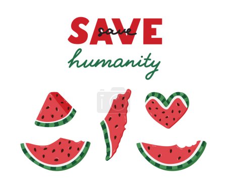 Save Humanity con diferentes rodajas de sandía como símbolo de la resistencia palestina. Sandía en forma de corazón, rebanada, mapa de Israel, Gaza. Salva Palestina y Gaza Libre dibujado a mano clipart.