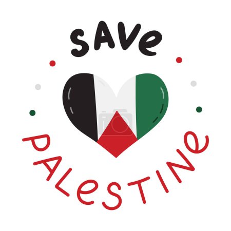 Rettet Palästina-Plakat mit Schriftzug und Gaza-Flagge in Herzform. Konzept der Unterstützung und Unterstützung Palästinas. Einfache handgezeichnete Cliparts für Poster, Banner, Tapeten, Flyer, T-Shirts, Post.