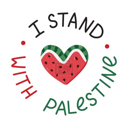 Ich stehe mit Palästina-Poster mit Schriftzug und Wassermelonenscheibe in Herzform da. Banner mit Symbol des palästinensischen Widerstands. Konzept der Unterstützung Palästinas durch einfache handgezeichnete Cliparts.