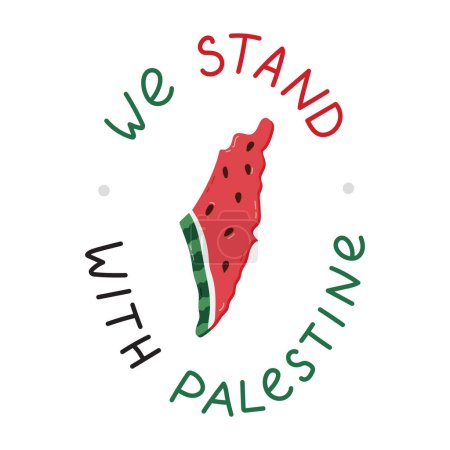Wir stehen mit Palästina-Poster mit Schriftzug und Wassermelonenscheibe in Form einer Landkarte von Gaza und Israel. Symbol des palästinensischen Widerstands. Palästina-Banner mit einfachem Clip unterstützen.