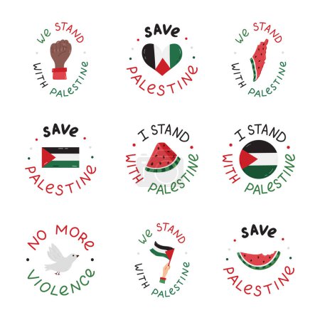 We Stand with Palestine set of emblems with lettering and hand drawn clipart. Watermelon slice, Gaza flag, fist, peace dove, heart. Concept of Free Gaza for poster, banner, wallpaper, flyer, t shirt.