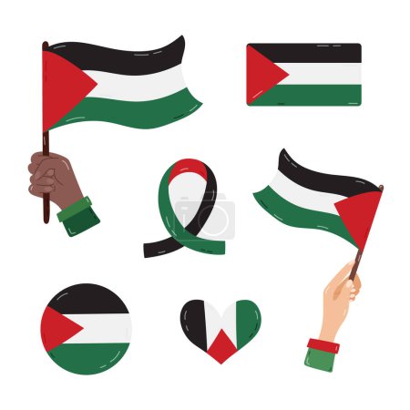 Palestine and Gaza flag set with hand drawn illustrations. Hand holding flag, flag in the shape of ribbon, heart, circle. Free Palestine and Save Gaza concept collection for poster, banner, flyer