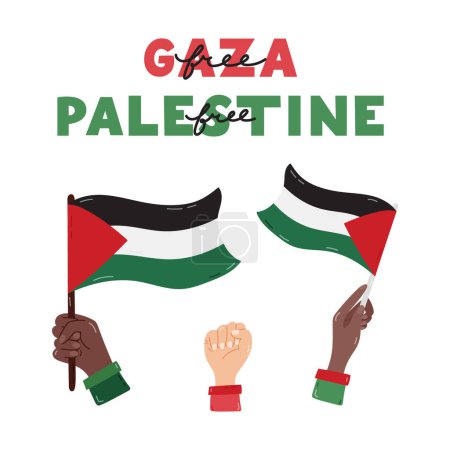 Ilustración de Cartel de Palestina libre con letras y manos sosteniendo la bandera y el puño de Gaza como símbolo de resistencia. Concepto de apoyo y salvar Palestina. Clipart dibujado a mano simple para banner, papel pintado, volante. - Imagen libre de derechos