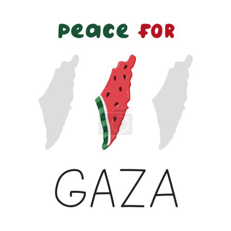 Peace for Gaza poster with lettering and watermelon slice in the shape of map of Gaza and Israel. Symbol of Palestinian resistance. Support Palestine banner with simple hand drawn clipart