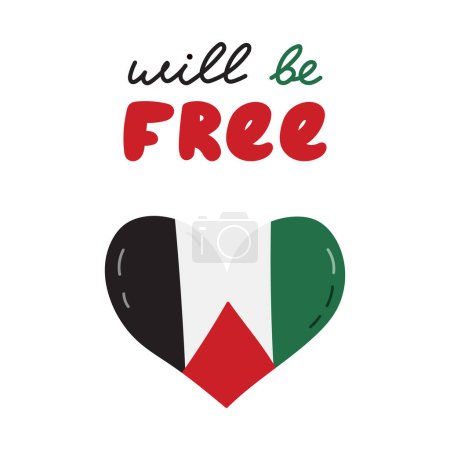 Free Palestine Poster mit Schriftzug Will Be Free und Gaza-Flagge in Herzform. Konzept der Unterstützung und Unterstützung Palästinas. Einfache Cliparts für Poster, Banner, Tapeten, Flyer, T-Shirts, Post