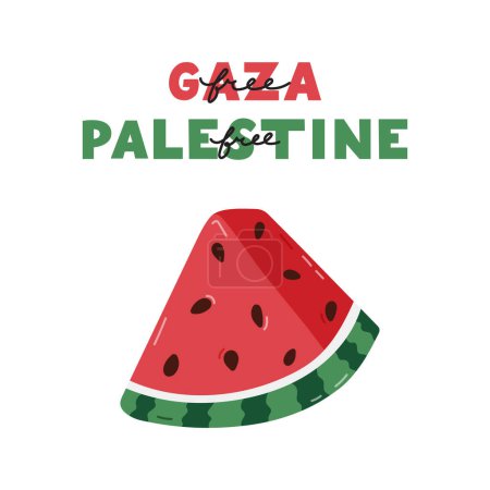 Free Gaza und Free Palestine Plakat mit Schriftzug und Wassermelonenscheibe als Symbol des palästinensischen Widerstands. Konzept der Rettung Palästinas mit einfachem handgezeichneten Cliparts für Flyer, Banner, T-Shirt, Post