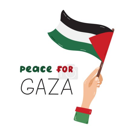 Ilustración de Cartel de Paz para Gaza con letras y la mano con la bandera de Gaza. Palestina diseño concepto de guardar y apoyar. Clipart simple dibujado a mano para póster, bandera, papel pintado, volante, camiseta, post - Imagen libre de derechos