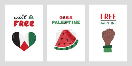Free Palestine Set von Postern mit handgeschriebenem Schriftzug und einfachem handgezeichneten Cliparts aus Faust, Wassermelonenscheibe und Gaza-Flagge im Herzen. Konzept der Unterstützung und Unterstützung Palästinas. Wird frei sein.