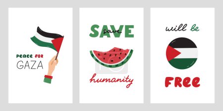 Save Palestine Set von Postern mit Schriftzug und einfachen handgezeichneten Cliparts von Wassermelonenscheiben, die Hand hält Flagge. Konzept der Haltung zu Palästina. Rette die Menschheit, Frieden für Gaza, wird frei sein.