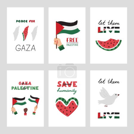 Ilustración de Free Palestine conjunto de carteles con letras y simple mano dibujado clipart de la bandera de Gaza, rodajas de sandía, paloma de la paz. Concepto de apoyo y apoyo a Palestina. Déjalos vivir, salva a la humanidad. - Imagen libre de derechos