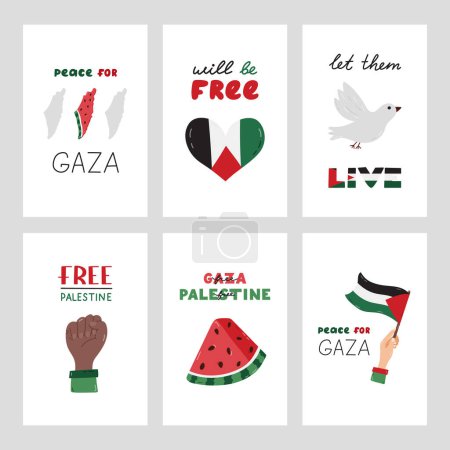 Free Gaza set von Plakaten mit Schriftzug und einfachen handgezeichneten Cliparts der Gaza-Flagge, Wassermelone, Friedenstaube, Faust, Landkarte von Israel. Konzept der Unterstützung Palästinas. Lasst sie leben, werdet frei sein.