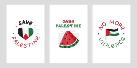 We Stand with Palestine set of posters with lettering and simple hand drawn clipart of Gaza flag in the shape of heart, watermelon slice. Concept of support Palestine, Free Gaza, No More Violence.