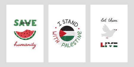 Ilustración de Estamos de pie con Palestina conjunto de carteles con letras y simple recorte dibujado a mano de la bandera de Gaza, paloma de la paz sandía en forma de mapa de Israel y Gaza. Concepto de apoyo a Palestina. - Imagen libre de derechos