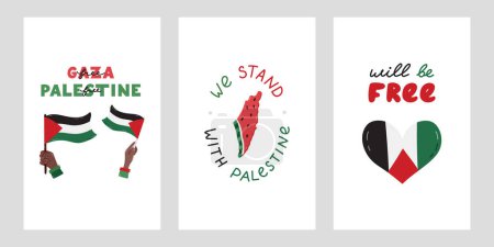 Ilustración de Estamos de pie con Palestina conjunto de carteles con letras y simple recorte dibujado a mano de la bandera de Gaza en la mano, sandía en forma de mapa de Israel y Gaza. Concepto de apoyo Palestina. - Imagen libre de derechos