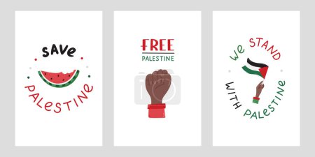 Ilustración de Estamos de pie con Palestina conjunto de carteles con letras y simple recorte dibujado a mano de la bandera de Gaza en la mano, protesta por la sandía puño como símbolo de resistencia.. - Imagen libre de derechos