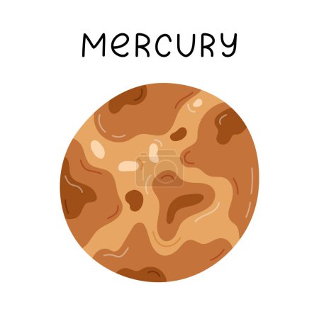 Cute hand drawn cartoon Mercury. The closest rocky planet to the Sun of Solar System. Childish simple doodle of astronomy celestial body for kids education, outer space infographic, universe placard.