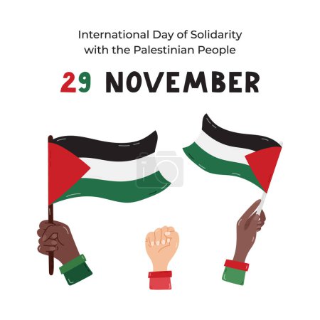 Ilustración de Cartel con motivo del Día Internacional de Solidaridad con el Pueblo Palestino con letras y caricaturas en las manos con la bandera y el puño de Gaza. Diseño de pancartas para el 29 de noviembre por estar de pie con Gaza - Imagen libre de derechos