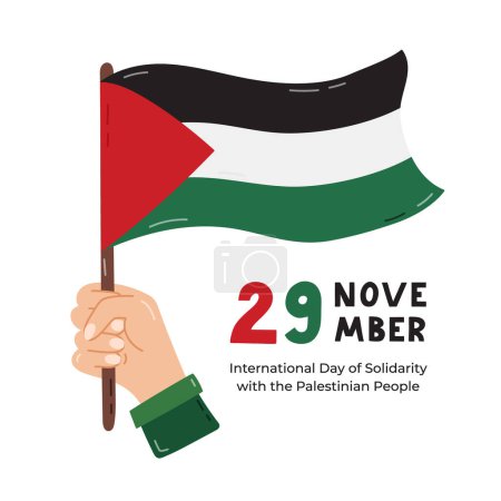 Ilustración de Cartel con motivo del Día Internacional de Solidaridad con el Pueblo Palestino con las letras y el clipart de dibujos animados de la mano que sostiene la bandera de Gaza. Diseño de la pancarta para el 29 de noviembre para apoyar y apoyar a Palestina - Imagen libre de derechos