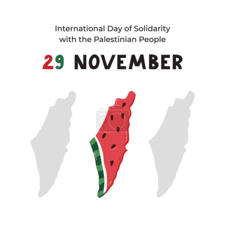 Ilustración de Cartel para el Día Internacional de Solidaridad con el Pueblo Palestino con letras y trozos de sandía de dibujos animados en forma de mapa de Israel y Gaza. Diseño de pancartas para el 29 de noviembre para apoyar a Gaza - Imagen libre de derechos