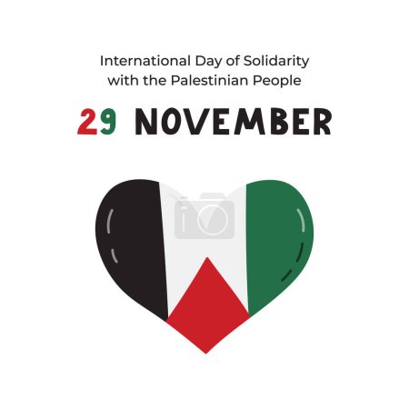 Poster for International Day of Solidarity with the Palestinian People with lettering and cartoon clipart of Gaza flag in the shape of heart. Banner design for 29 November for support Palestine