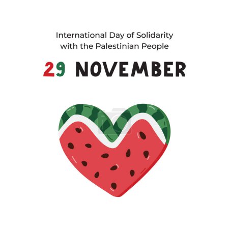 Poster for International Day of Solidarity with the Palestinian People with cartoon clipart of watermelon slice in the shape of heart. Banner design for 29 November for support Palestine