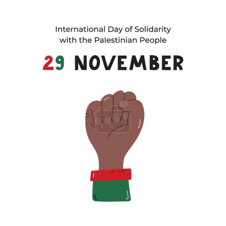 Ilustración de Cartel para el Día Internacional de Solidaridad con el Pueblo Palestino con la mano de dibujos animados en el puño como signo de resistencia. Diseño de pancartas para el 29 de noviembre por apoyar a Gaza y Palestina - Imagen libre de derechos