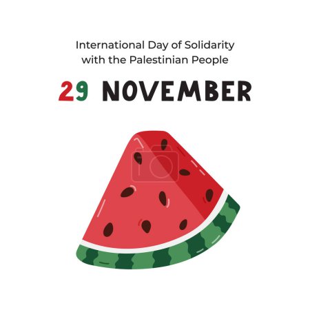 Ilustración de Cartel con motivo del Día Internacional de la Solidaridad con el Pueblo Palestino con la rebanada de sandía de dibujos animados como símbolo de resistencia. Diseño de pancartas para el 29 de noviembre por apoyar a Gaza y Palestina - Imagen libre de derechos