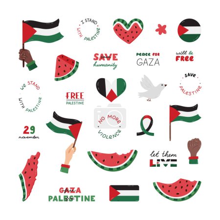 Großes Cartoon-Set von Save Palestine mit Schriftzug und handgezeichnetem Cliparts. Wassermelonenscheibe, Gaza-Flagge, Faust, Friedenstaube, Herz. Einfaches Doodle für Free Gaza Poster, Banner, Tapeten, Flyer, T-Shirt.