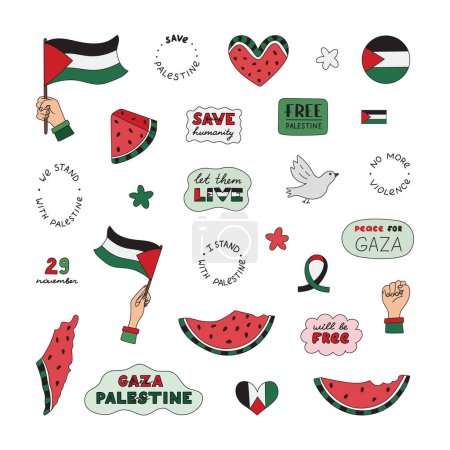 Großes buntes Set mit Umrissen von Save Palestine mit Schriftzug und handgezeichnetem Kritzeln. Wassermelonenscheibe, Gaza-Flagge, Faust, Friedenstaube, Herz. Doodle für Free Gaza Poster, Banner, Flyer, T-Shirt.