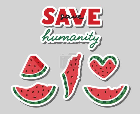 Save Humanity sticker set with different watermelon slices as symbol of Palestinian resistance. Ready for print list of cute stickers with watermelon in the shape of heart, slice, map of Israel, Gaza.