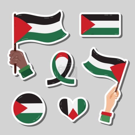 Palestine and Gaza flag sticker set with hand drawn illustrations. Ready for print list of cute stickers of hand holding flag, flag in the shape of ribbon, heart, circle. Free Palestine and Save Gaza.