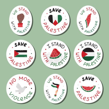 Sticker set of We Stand with Palestine emblems with lettering and hand drawn clipart. Watermelon slice, Gaza flag, fist, peace dove, heart. Ready for print list of cute stickers of Free Gaza concept.
